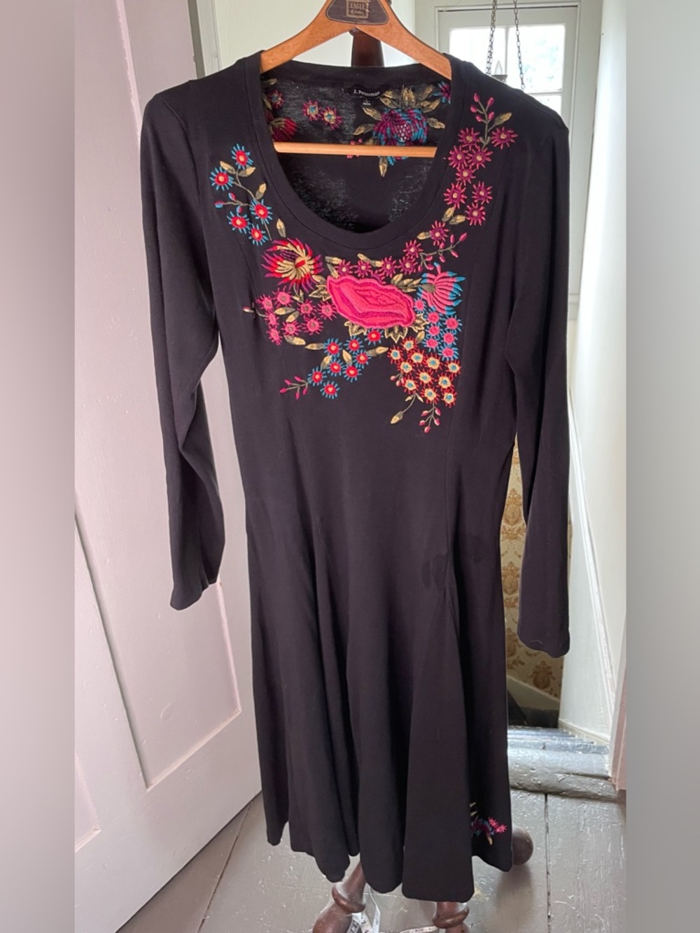 Black Long Sleeve Dress with Bright Floral Embroidery. J. Peterman